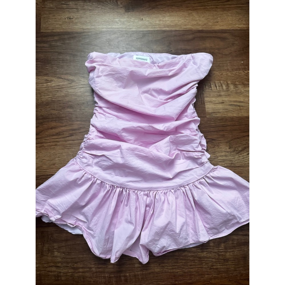 Peppermayo Pink Ruched Strapless Mini Dress Ruffle Hem Size US 6 M - Picture 1 of 3